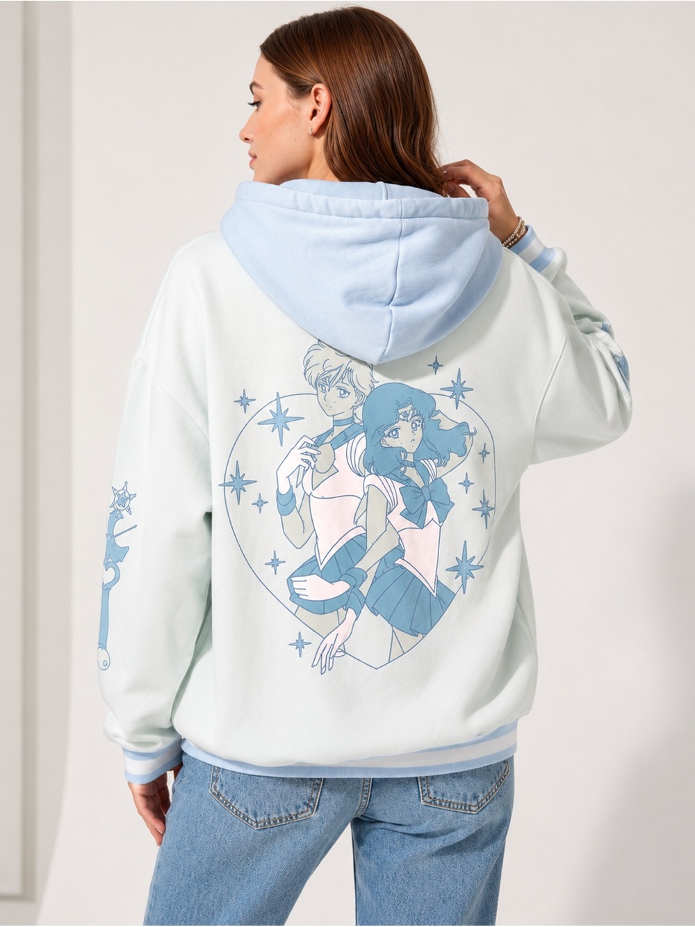 Pastel Blue & White Anime-Graphic Hooded Sweatshirt for Women